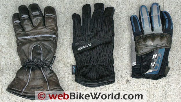 Gauntlet Comparison, L to R:  Olympia Gore-Tex, Tour Master Dri-Mesh, BMW Rallye 2
