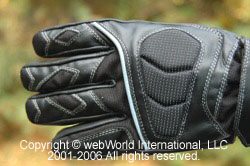 Waterproof motorcycle riding gloves, back side view.