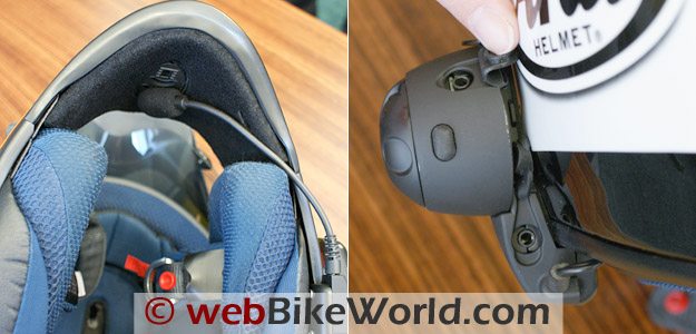 Sena SMH10 microphone mount (L).  Profile view of the SMH10 with auxiliary ports open (R).