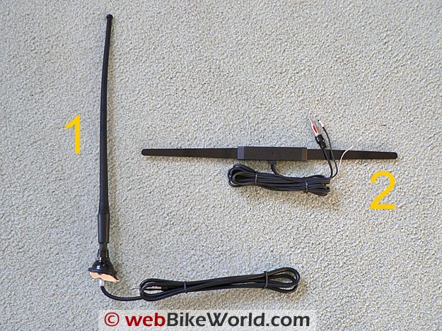 1. "Rubber Ducky" antenna. 2. Metra Deluxe antenna.