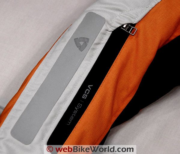 Rev'it Cayenne Pro sleeve, showing waterproof zipper and laminated and bonded reflective material.
