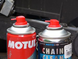 Motul and Motorex chain cleaner spray cans