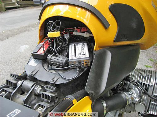 StarCom1 Advance motorcycle intercom installed on a BMW R1150GS