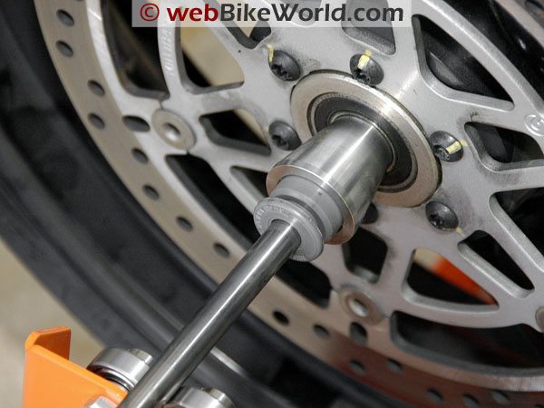 Tachyon Motorcycle Wheel and Tire Balancer - Cone in wheel close-up