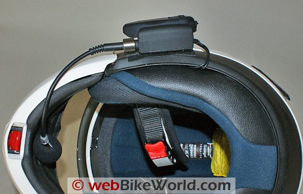 Bottom view of mounted BikerCom intercom headset.