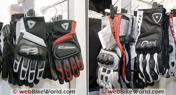 Photo Left: Rev'it "Comet" glove (L) and "Giri" glove (R). Photo Right: Rev'it "GT Corse" gloves on the left.