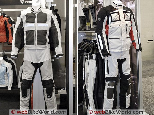 Rev'it Turbine jacket and pants outfit (L). Cayenne Pro jacket and pants (R).