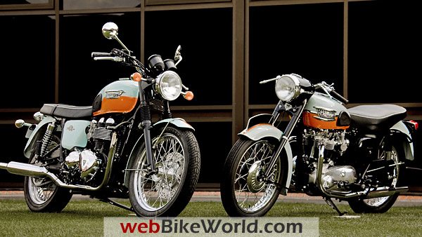 2009 Triumph Bonneville 50th Anniversary Edition (L) and original Bonneville (R).