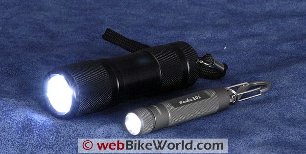 The Gordon LED flashlight (L) vs. the Fenix E01.