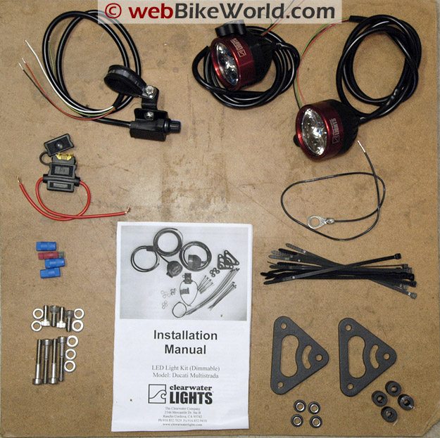 Parts included in the Clearwater Motorcycle LED Driving Light Kit