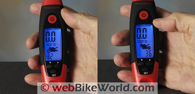 Roadgear Programmable Digital Tire Pressure Gauge showing motorcycle tire pressures