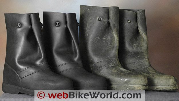 New (L) and Original Versions of the Treds Waterproof Motorcycle Rain Boots