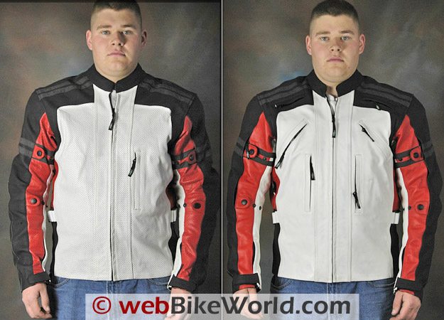 Teiz Motorsports Tioga perforated leather jacket (L) and Camino non-perforated leather jacket (R).