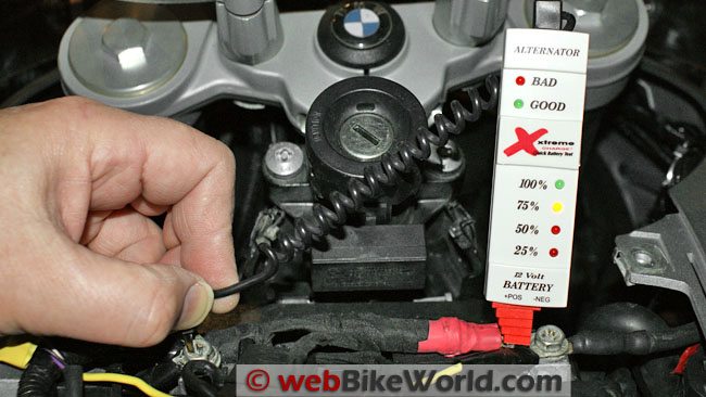 PulseTech Xtreme Motorcycle Battery Tester on Bike