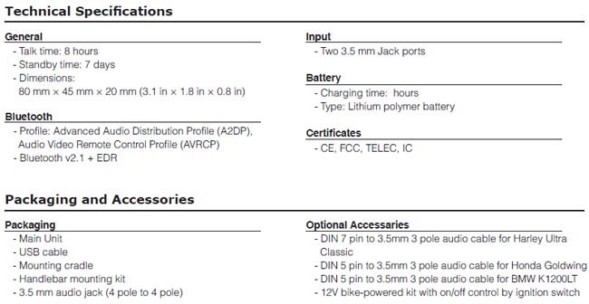 Sena SM10 Specifications