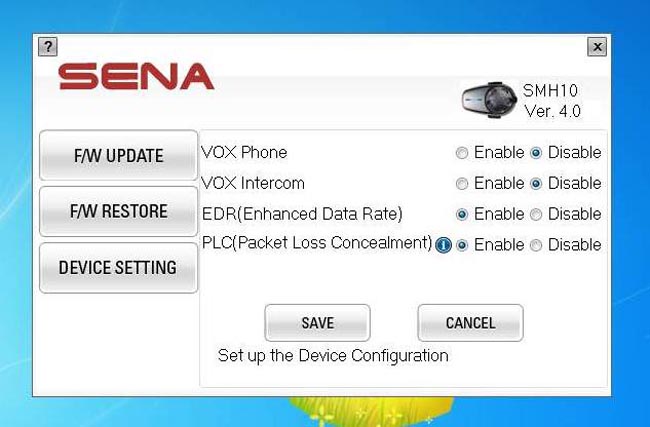 Sena SMH10 Version 4 Firmware Update Device Settings