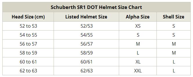 SCHUBERTH SR1 Size Chart