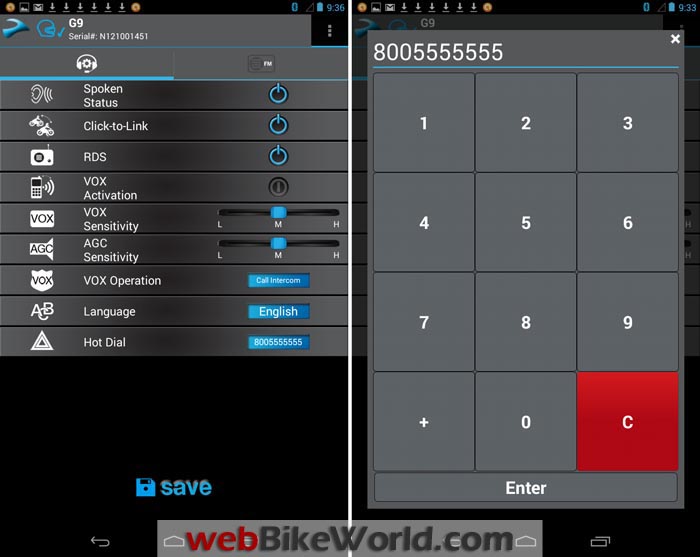 Cardo SmartSet App Menu Choices and Dialer