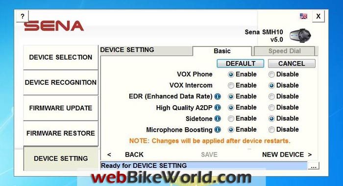 Sena SMH10 Version 5 Firmware Update Device Setting