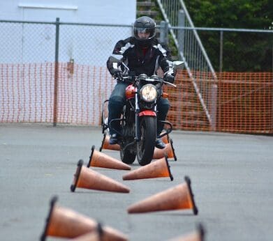 Learner rider Mitch Hamrey tackles the HART slalom course austroads competent rewards practise counter steering confidence