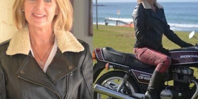 Belinda McPhee in fur-collar leather motorcycle jackets