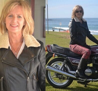 Belinda McPhee in fur-collar leather motorcycle jackets