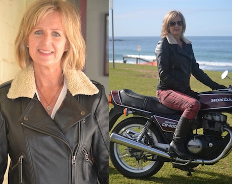 Belinda McPhee in fur-collar leather motorcycle jackets