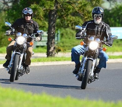 MotorbikeWriter and red-wine-drinking-partner Grant Roff on the Yamaha SR400 media launch in Melbourne returned