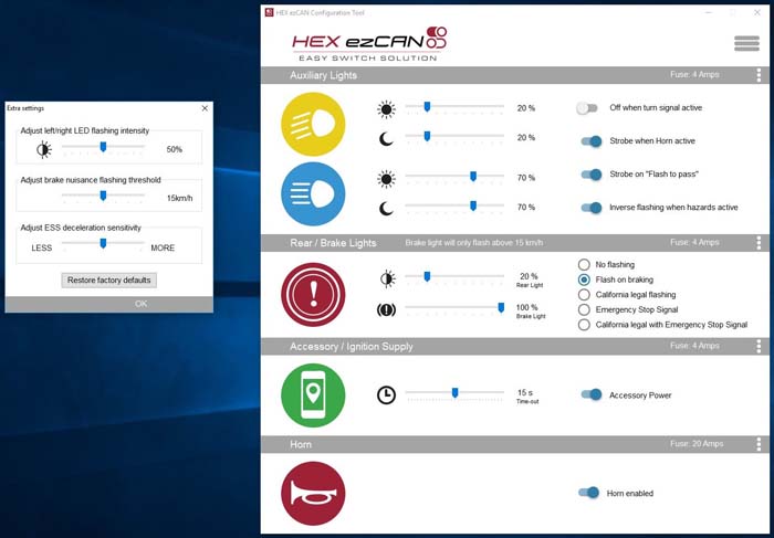 HEX ezCAN Software Extra Settings Screen