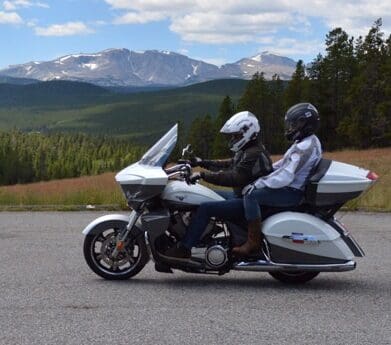 Mr and Mrs MotorbikeWriter on the Victory Cross Country Tour