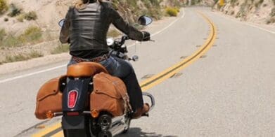 Indian Scout with brown leather saddlebags and pillions seat