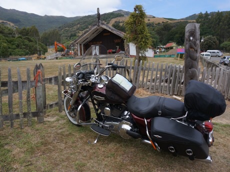 Harley at a Maori meeting hall Quake City