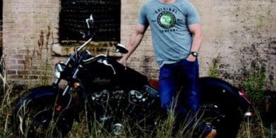 Mark Wahlberg with in an Indian t-shirt with an Indian Scout