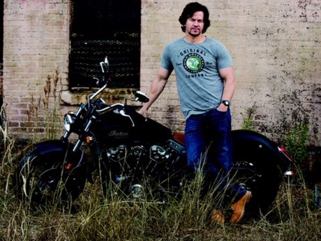 Mark Wahlberg with in an Indian t-shirt with an Indian Scout