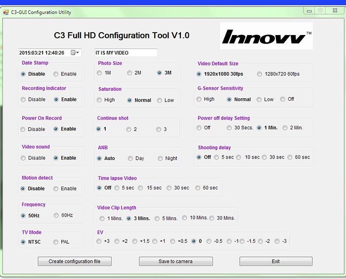 INNOVV Configuration Screen