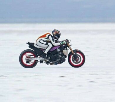 Evelyne Scholz will attempt to become the second female admitted to the exclusive Bonneville 200mph club riding a ‘naked’ bike. 220mph 'Naked' Land Speed Record in August, 2016, at the Bonneville Salt Flats, Utah, USA.