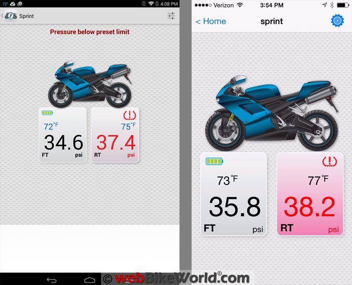 FOBO Bike TPMS Android and Apple Screens