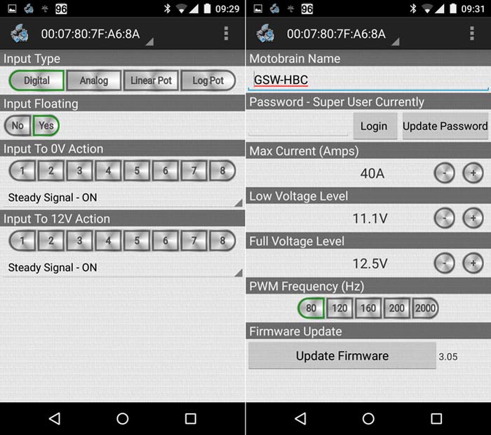 Motobrain Input Configuration and Firmware Update Screen