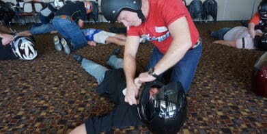 Particiants learn how to deal with helmets in a crash at the First Aid for Motorcyclists course carrot - York Motorcycle Festival Avon Valley Motorcycle Frendly Region Western Australia
