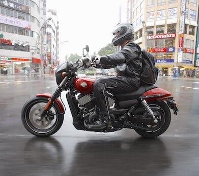 Harley-Davidson Street 750 on the soggy streets of Tokyo rain