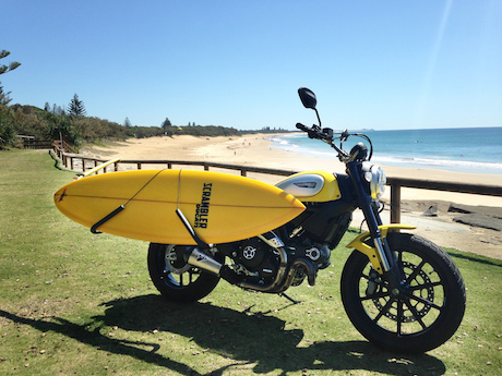 Ducati Scrambler with surfboard from Motolife Caloundra