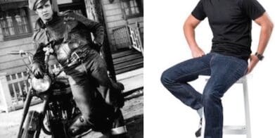 Marlon Brando in The Wild One (left) and the Draggin Selvedge jeans