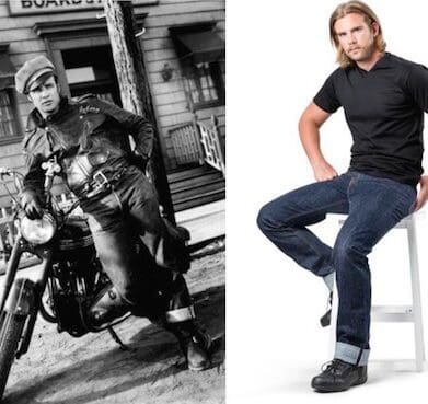 Marlon Brando in The Wild One (left) and the Draggin Selvedge jeans