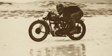 Levis Motorcycle Club member Reg Ellard races along Sellicks Beach in 1936.