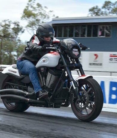 Suzanne Batchelor on her Victory Hammer drag bike