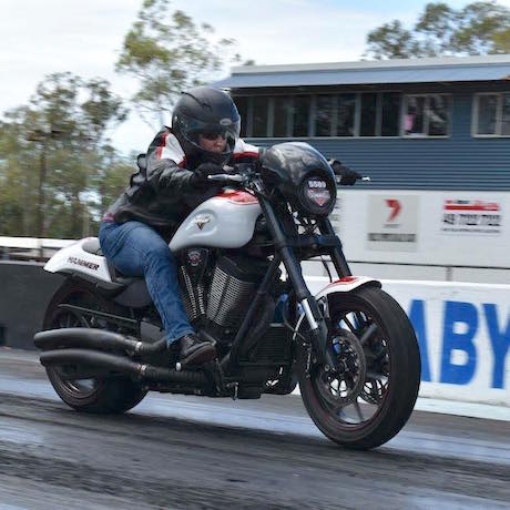 Suzanne Batchelor on her Victory Hammer drag bike