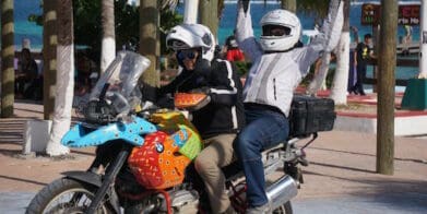 Couples riding pillion - tuscany motorcycle