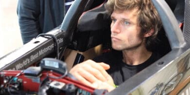 Guy Martin set for the world record at Boneville in a Triumph streamliner