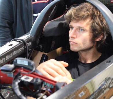Guy Martin set for the world record at Boneville in a Triumph streamliner