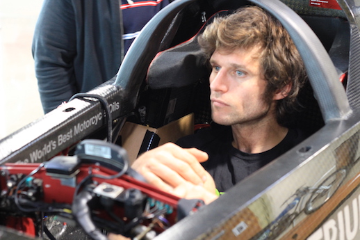 Guy Martin set for the world record at Boneville in a Triumph streamliner